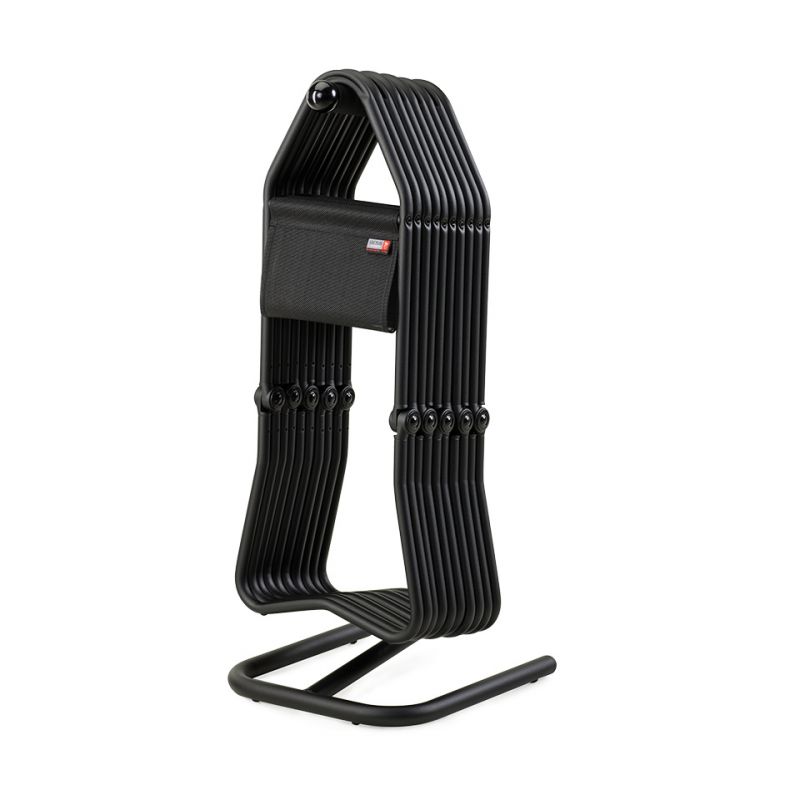 Schwarzes Chicago Klapphocker Set mit fünf Hockern im Bodenständer, platzsparende Sitzgelegenheit.